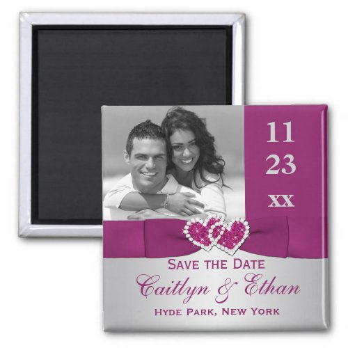 Purple Silver Joined Hearts Save the Date Magnet