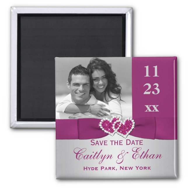 Purple, Silver Joined Hearts Save the Date Magnet (Front)