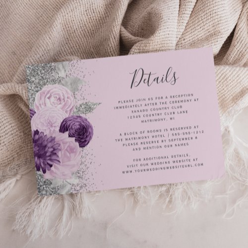 Purple Silver Lavender Floral Wedding Details Enclosure Card