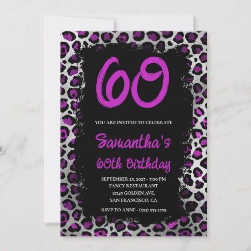 Purple Silver Leopard Painted Black 60th Birthday Invitation