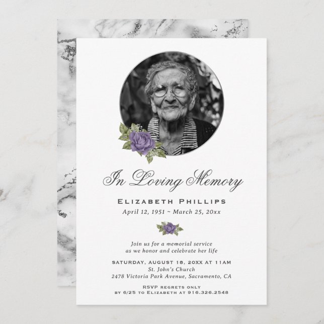 Purple Silver Marble Floral Photo Memorial Service Invitation (Front/Back)