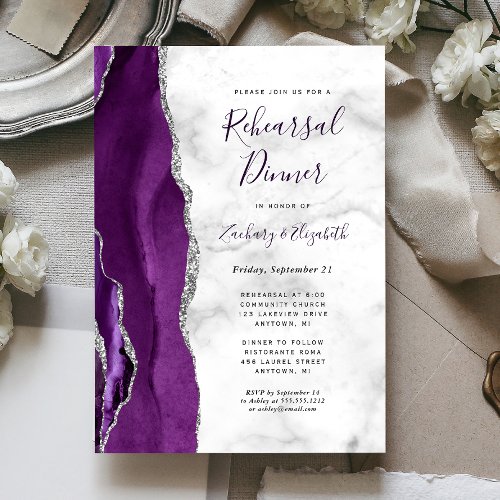 Purple Silver Marble Wedding Rehearsal Dinner Invitation