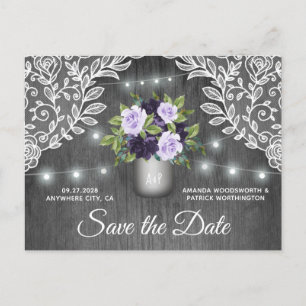 Purple Silver Mason Jar Wedding Save the Date Announcement Postcard