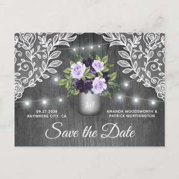 Purple Silver Mason Jar Wedding Save The Date Announcement Postcard by RusticWeddings at Zazzle