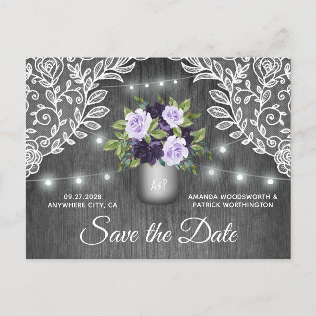 Purple Silver Mason Jar Wedding Save the Date Announcement Postcard (Front)