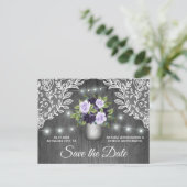 Purple Silver Mason Jar Wedding Save the Date Announcement Postcard (Standing Front)