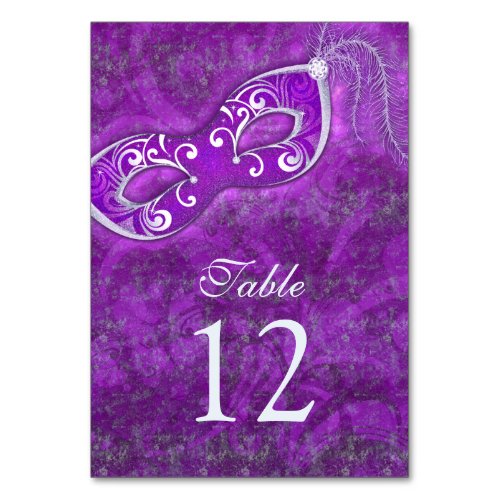 Purple Silver Masquerade Ball Mardi Gras Wedding Table Number