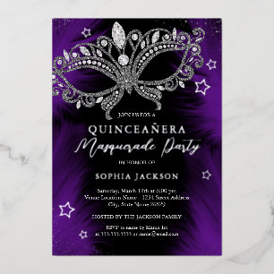 Purple Silver Masquerade Mask Star Quinceanera Foil Invitation