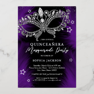 Purple Silver Masquerade Mask Star Quinceanera Foil Invitation