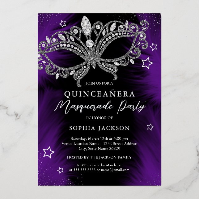 Purple Silver Masquerade Mask Star Quinceanera Foil Invitation (Front)