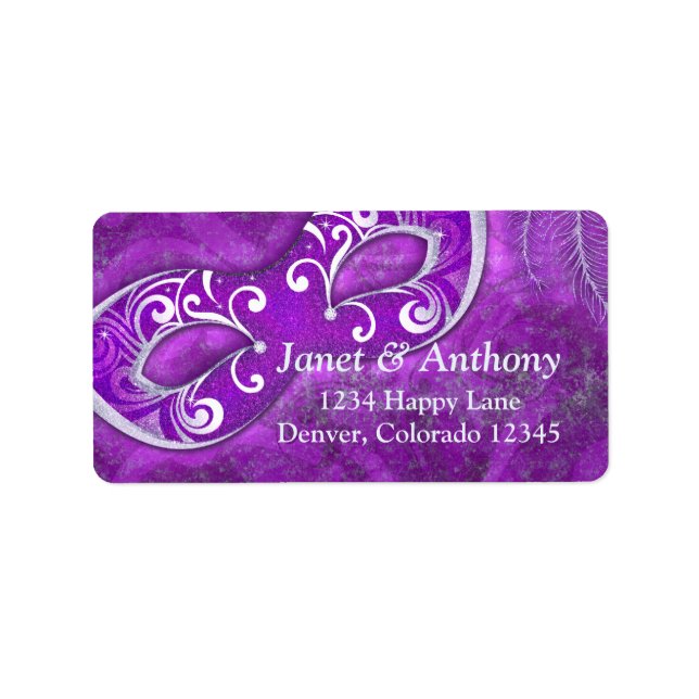 Purple Silver Masquerade Wedding Address Label (Front)