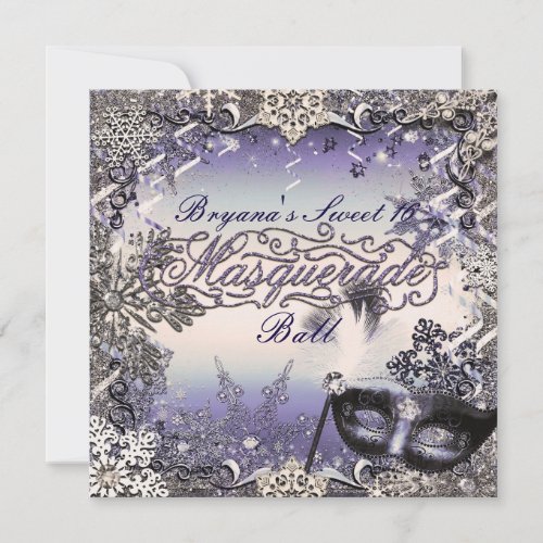 Purple  Silver Masquerade  Winter Snowflakes Invitation