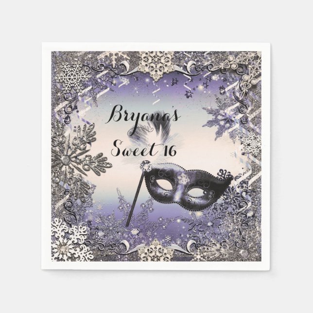 Purple & Silver Masquerade & Winter Snowflakes Paper Napkins (Front)