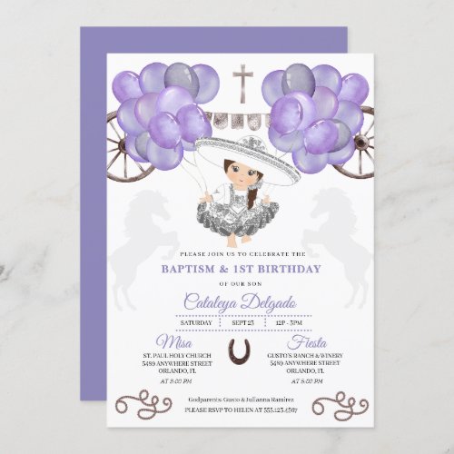 Purple Silver Mexican Baby Charra Balloons Baptism Invitation