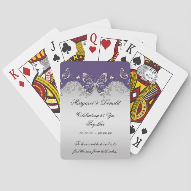 Purple Silver Ornate Butterflies 25th Anniversary Poker Cards (Back)