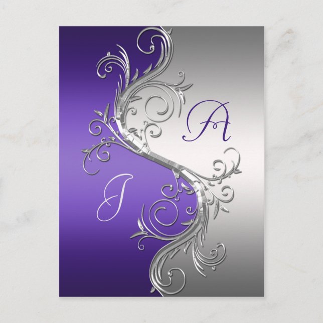 Purple Silver Ornate Swirls Save The Date Announcement Postcard (Front)