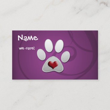 Purple Silver Paw Heart Pet Business Card