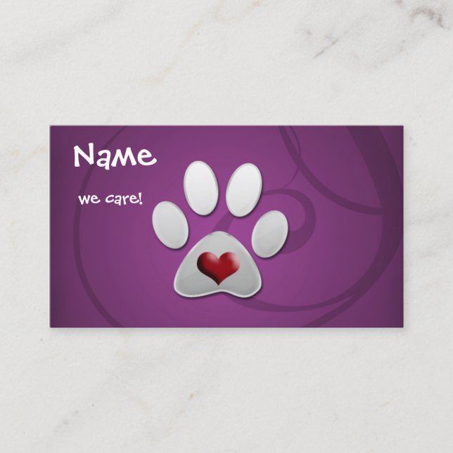 Purple Silver Paw Heart Pet Business Card (Front)