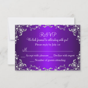 Purple Silver Pearl Damask Sweet 16 RSVP Card
