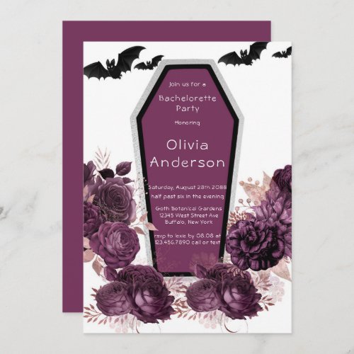  Purple Silver Peony Coffin Bat Bachelorette Party Invitation