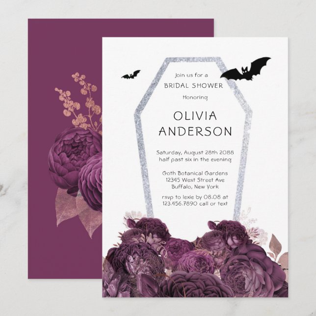  Purple Silver Peony Coffin Bats Bridal Shower Invitation (Front/Back)