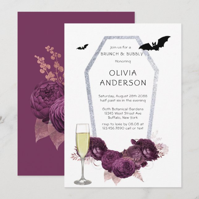  Purple Silver Peony Coffin Bats Brunch & Bubbly Invitation (Front/Back)