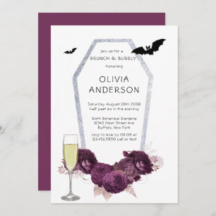 Purple Silver Peony Coffin Bats Brunch & Bubbly Invitation