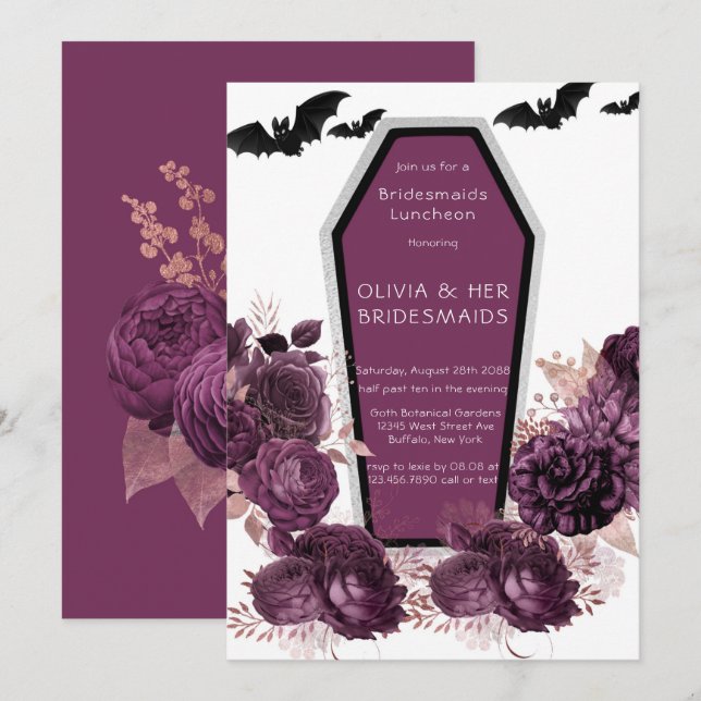  Purple Silver Peony Coffin Bridesmaids Luncheon  Invitation (Front/Back)