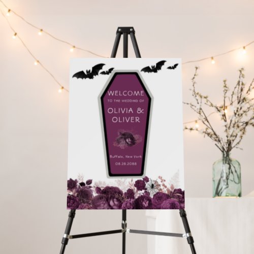 Purple Silver Peony Coffin Welcome Wedding Sign