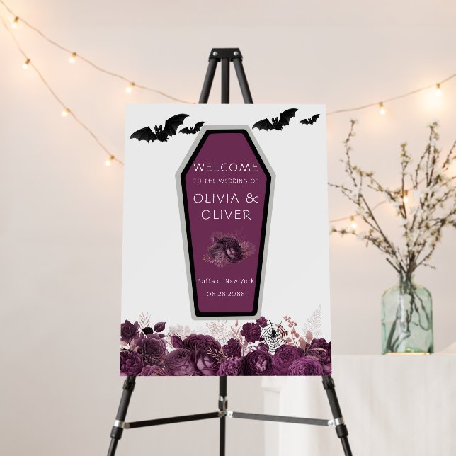 Purple Silver Peony Coffin Welcome Wedding Sign (In Situ (Stand))