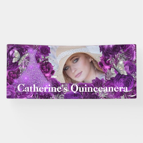 Purple silver photo glitter butterfly quinceanera banner