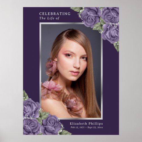 Purple Silver Photo Memorial Funeral Sign