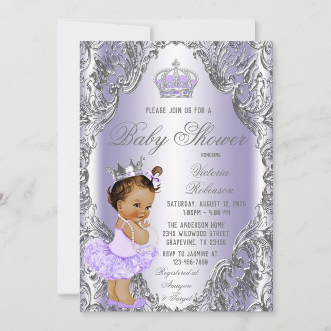 Purple Silver Princess Baby Shower  Invitation (Front)