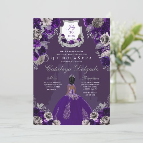 Purple  Silver Princess Castle Quinceaera Invitation