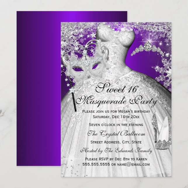 Purple Silver Princess Masquerade Sweet 16 Invitation (Front/Back)