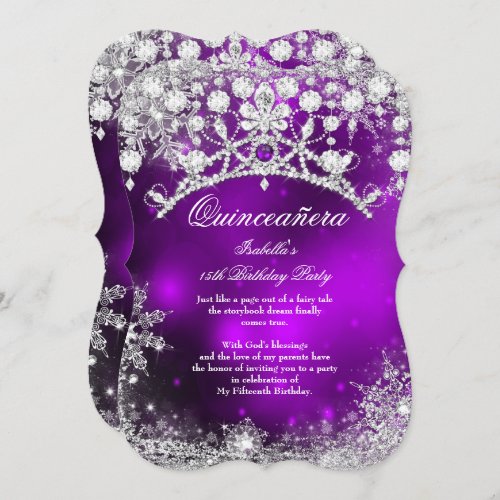 Purple silver Quinceanera 15th Winter Wonderland Invitation