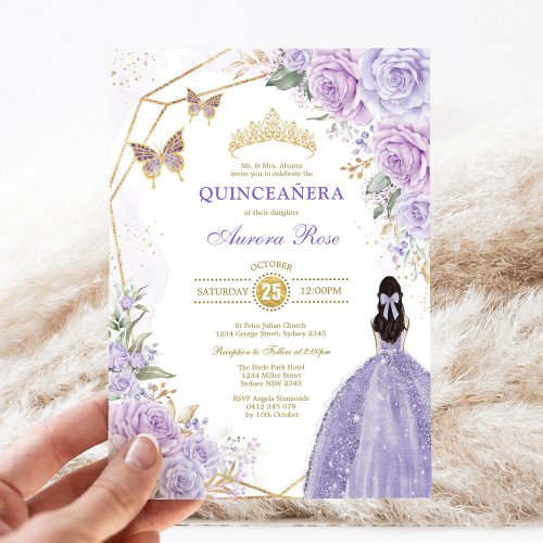 Purple Silver Quinceaera Butterfly Princess Party Invitation