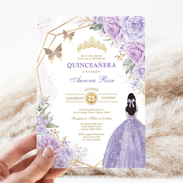 Purple Silver Quinceañera Butterfly Princess Party Invitation (Creator Uploaded)