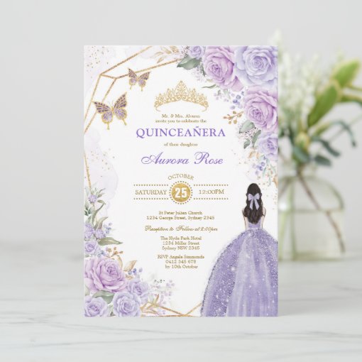 Purple Silver Quinceañera Butterfly Princess Party Invitation | Zazzle