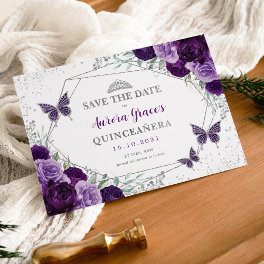 Purple Silver Quinceanera Floral Save the Date Announcement