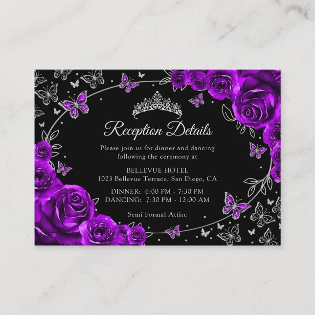 Purple Silver Quinceanera Reception Details Enclosure Card (Front)