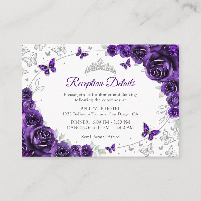 Purple Silver Quinceanera Reception Details Enclosure Card (Front)