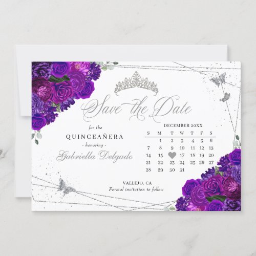 Purple  Silver Quinceaera Save The Date Invitation