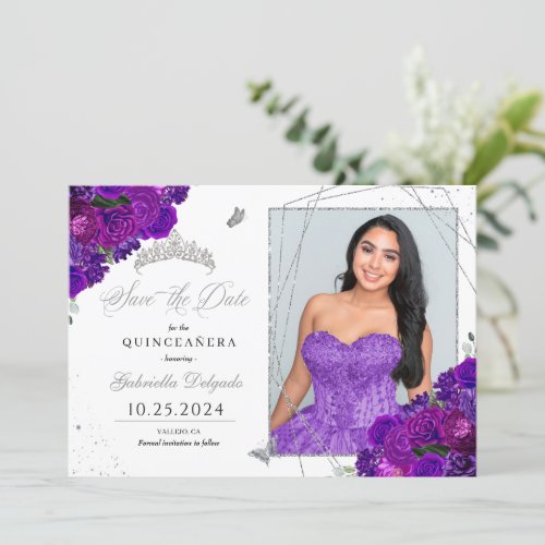 Purple  Silver Quinceaera Save The Date Photo Invitation