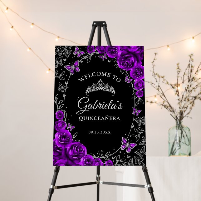 Purple Silver Quinceanera Welcome Foam Board (In Situ (Stand))