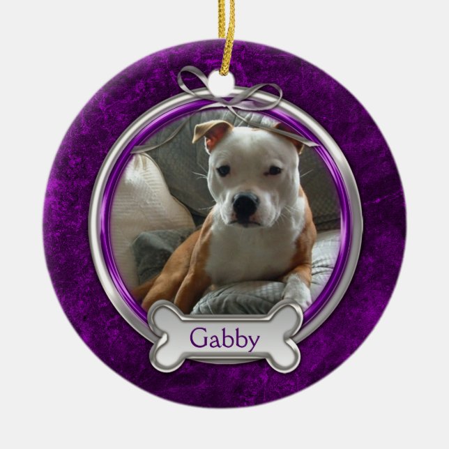 Purple Silver Ribbon Pet Photo Christmas Ornament (Front)