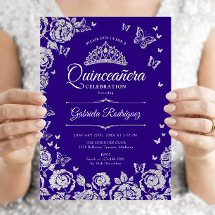 Purple Silver Roses Butterflies Quinceanera Invitation