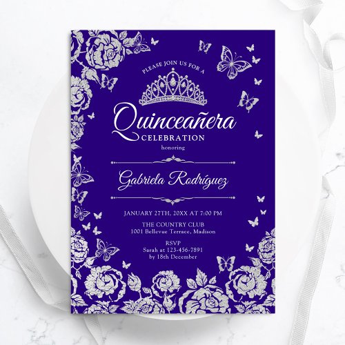 Purple Silver Roses Butterflies Quinceanera Invitation