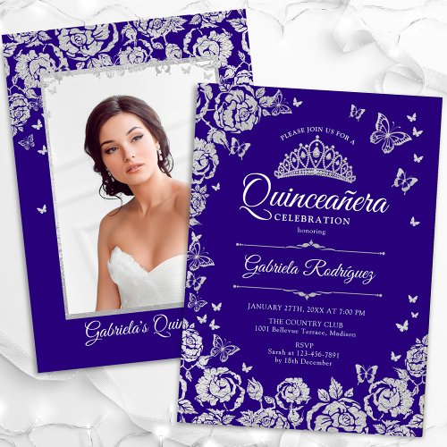 Purple Silver Roses Butterflies Quinceanera Photo Invitation