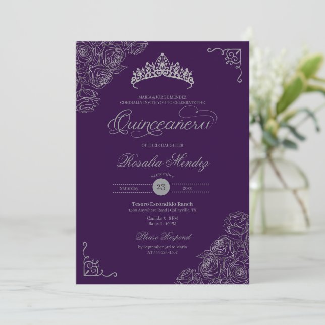 Purple & Silver Roses Elegant Quinceañera  Invitation (Standing Front)